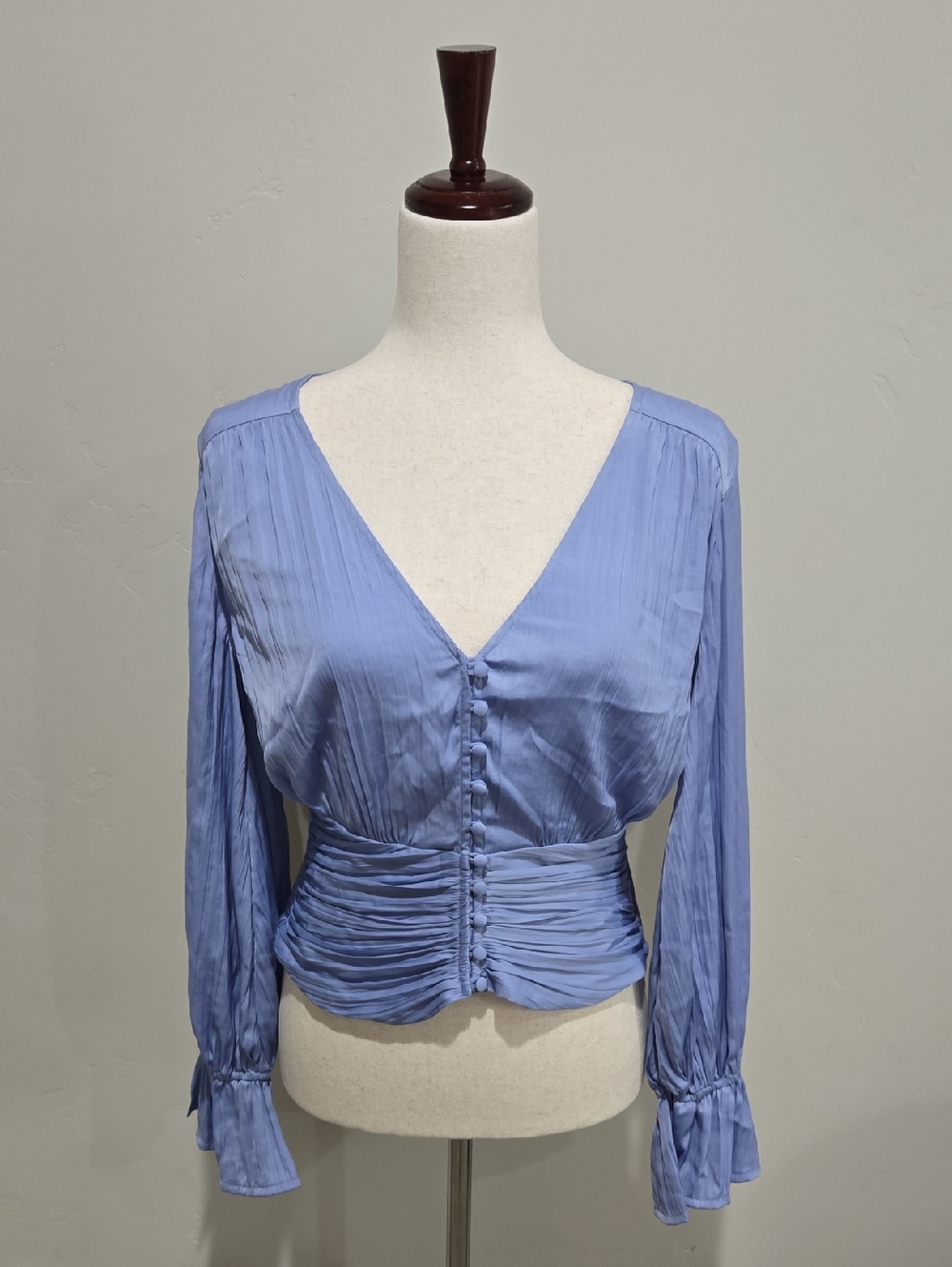 Anthropologie Dusty Blue V-Neck Button-Waist Blouse